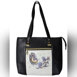 Whimsical Embroidered Christmas Tote – Chickadees, Clogs & Sleigh Faux Leather